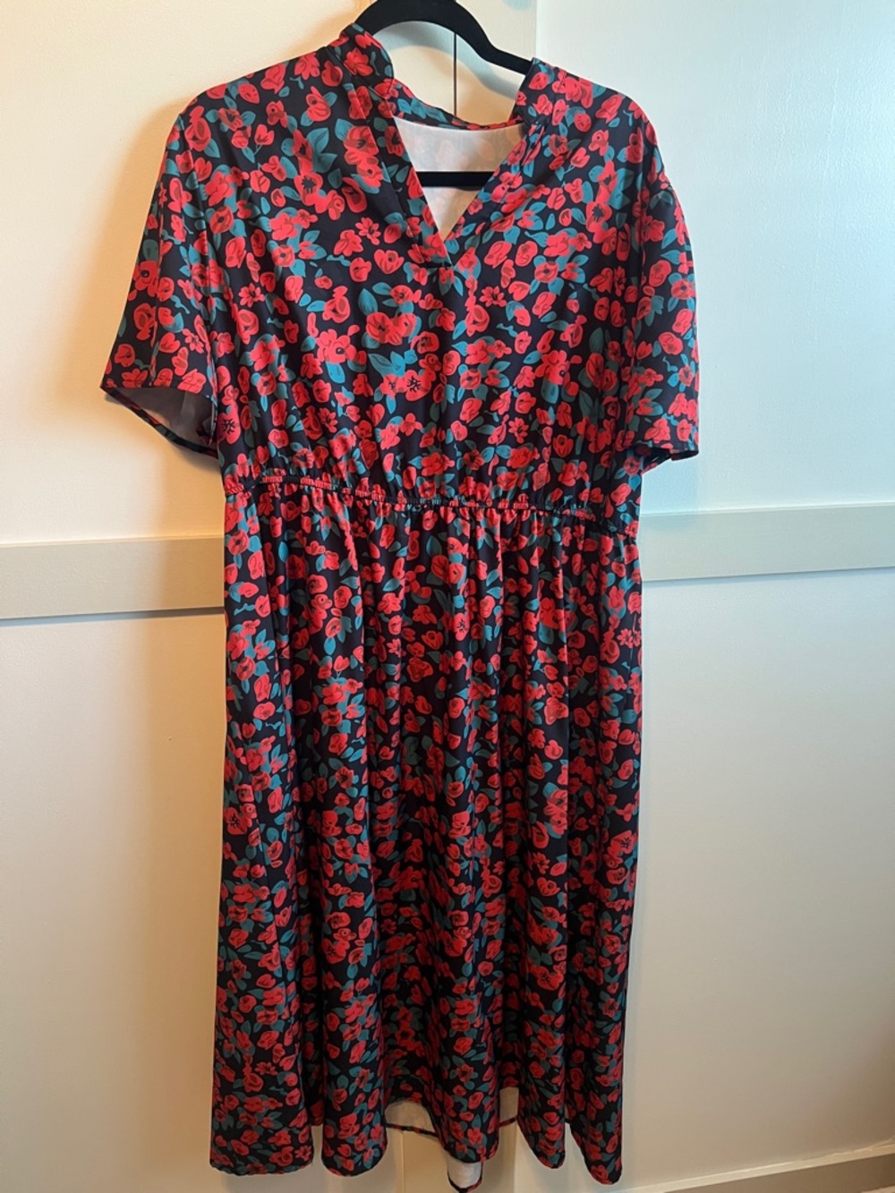 SHEIN Black Midi Dress with Red Floral Print